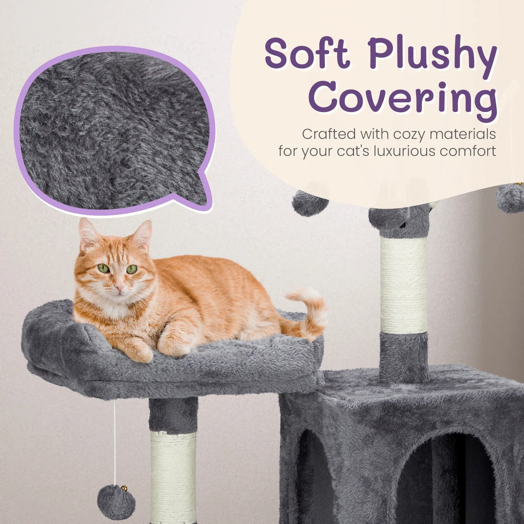 57" Cat Tree Tower for Indoors, Cat House with Padded Bed, Toy Balls, Cozy Condo, Sisal Scratching Posts, Dark Grey.