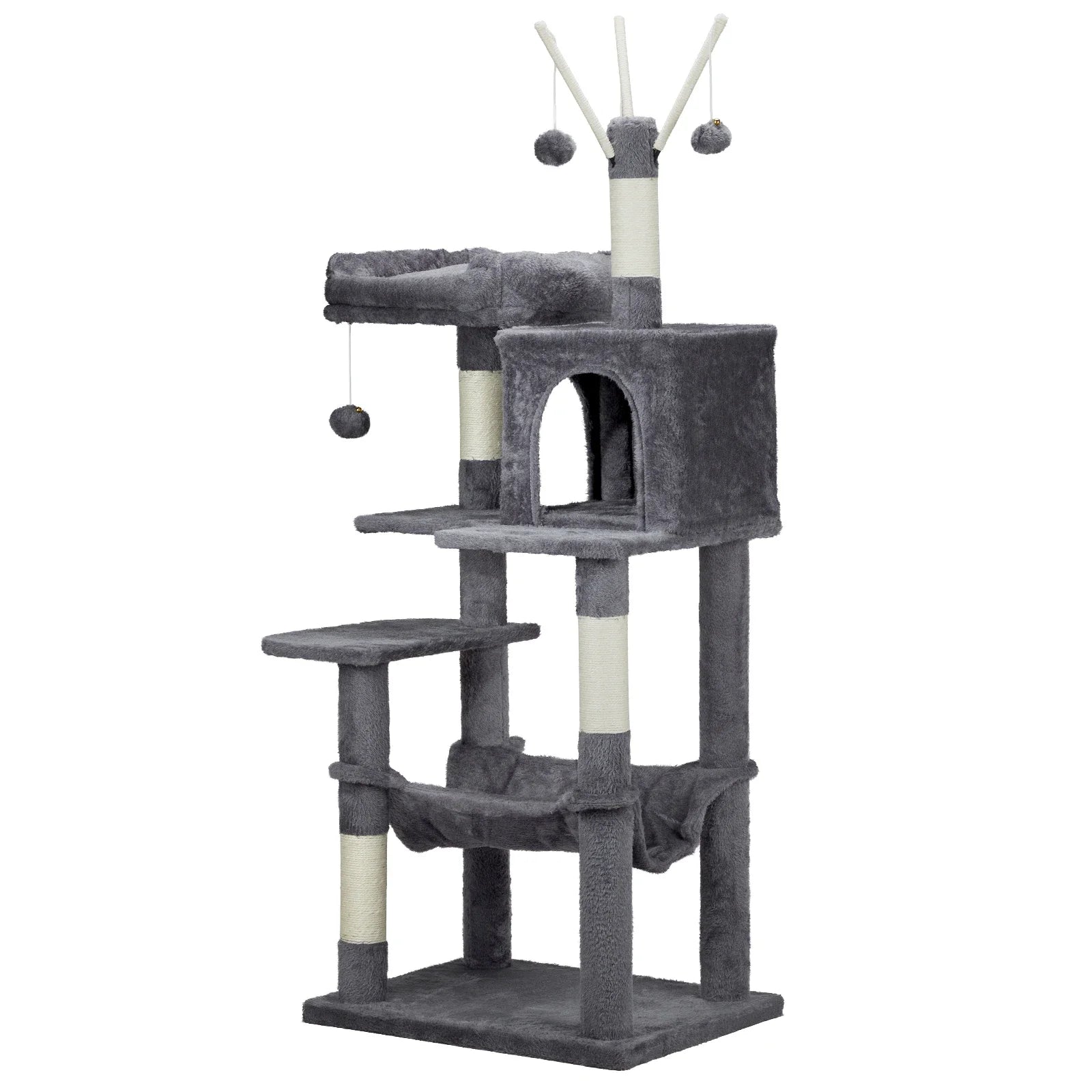 57" Cat Tree Tower for Indoors, Cat House with Padded Bed, Toy Balls, Cozy Condo, Sisal Scratching Posts, Dark Grey.