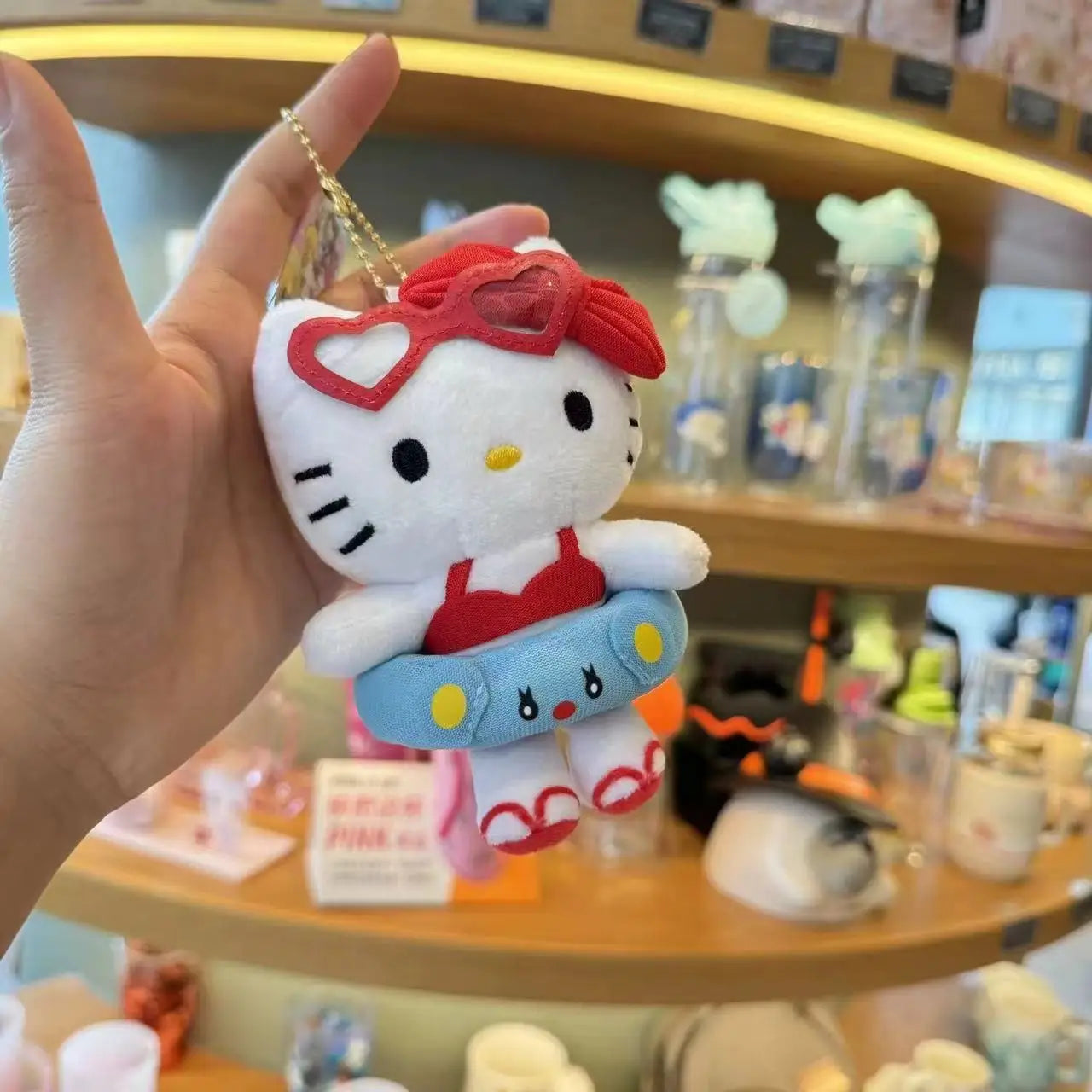 Sanrio Hello Kitty Cartoon Plush Series Doll Filling Keychain Hawaii Swim Ring Series Dark Skin Toy Pendant Christmas Gifts