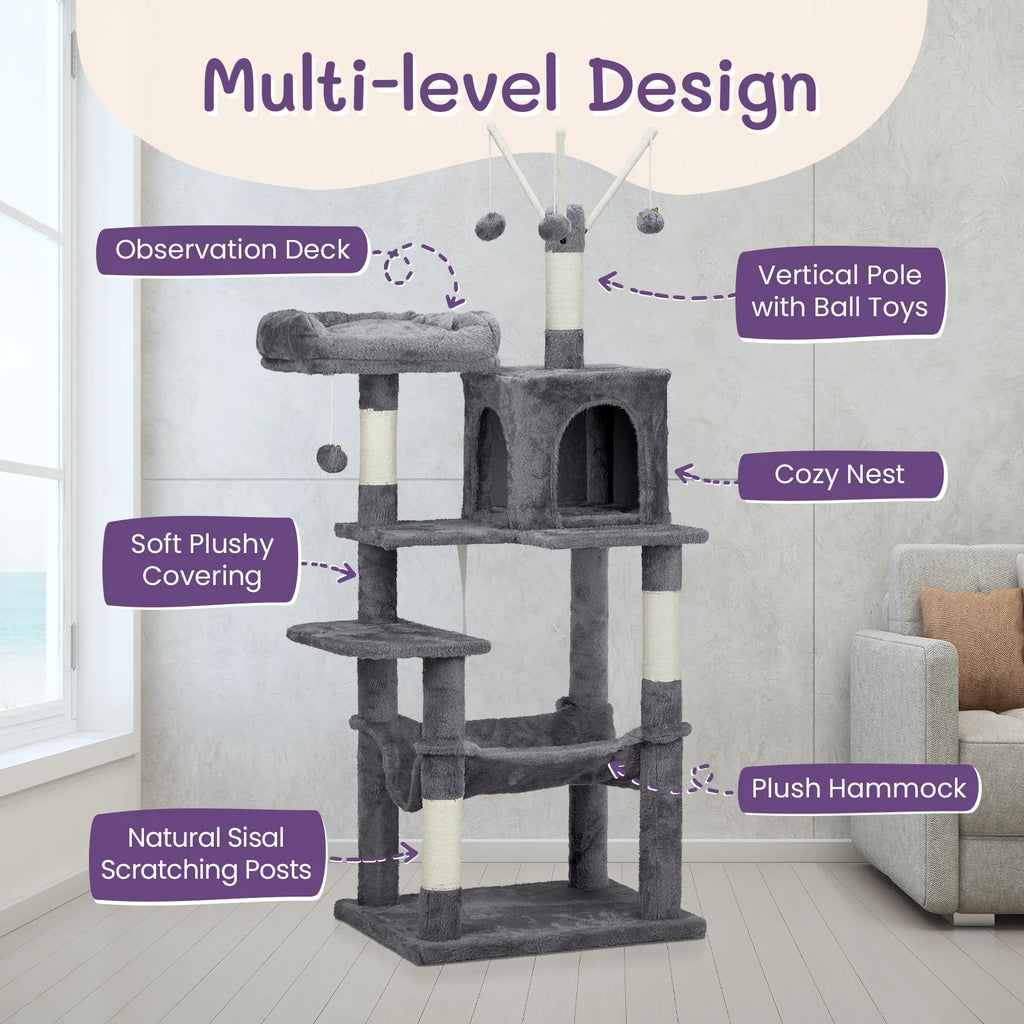 57" Cat Tree Tower for Indoors, Cat House with Padded Bed, Toy Balls, Cozy Condo, Sisal Scratching Posts, Dark Grey.