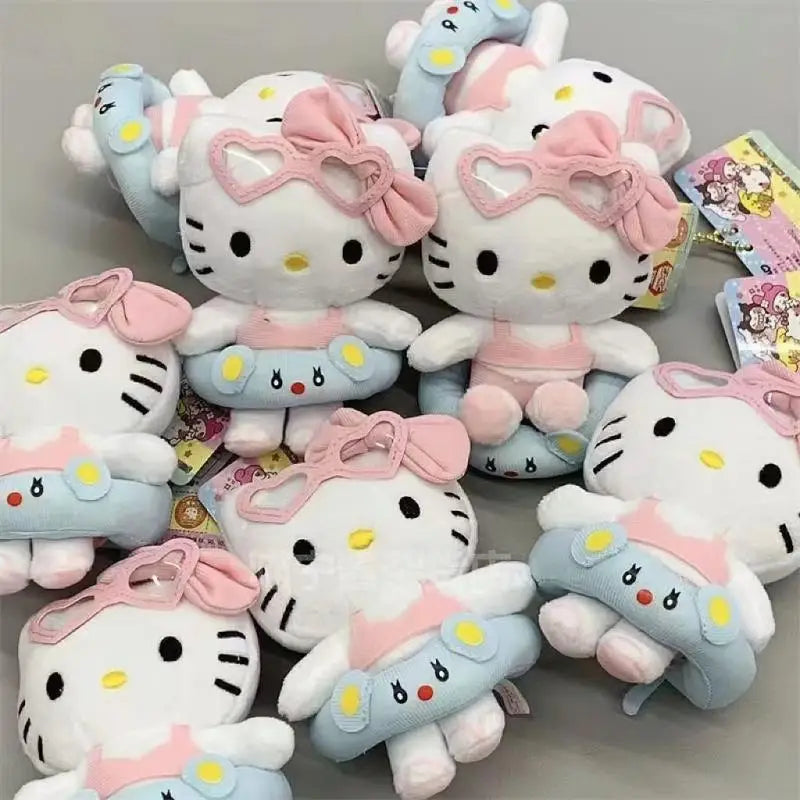 Sanrio Hello Kitty Cartoon Plush Series Doll Filling Keychain Hawaii Swim Ring Series Dark Skin Toy Pendant Christmas Gifts