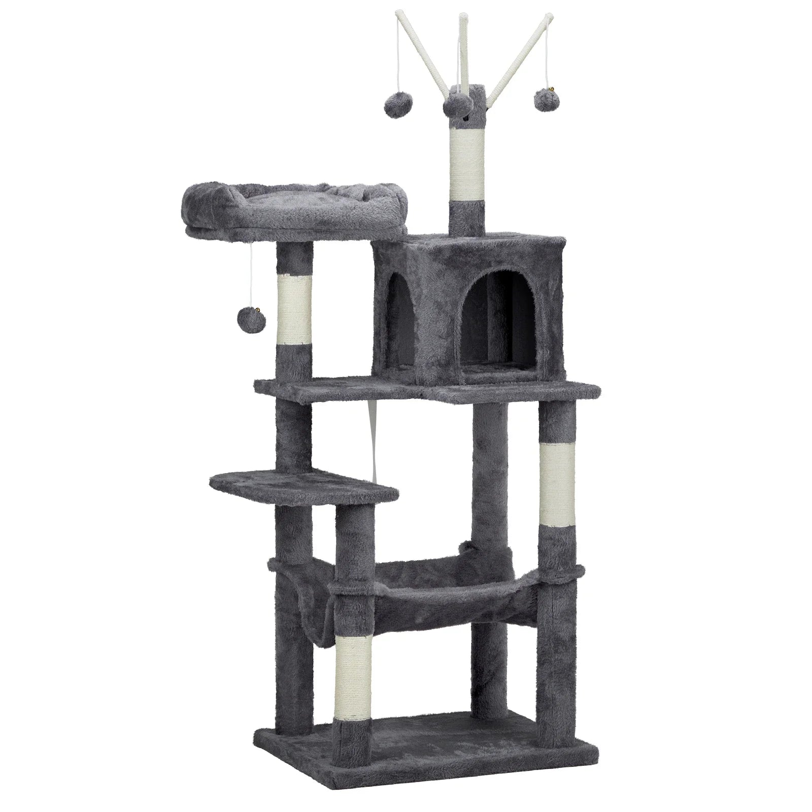 57" Cat Tree Tower for Indoors, Cat House with Padded Bed, Toy Balls, Cozy Condo, Sisal Scratching Posts, Dark Grey.