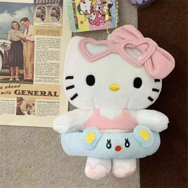 Sanrio Hello Kitty Cartoon Plush Series Doll Filling Keychain Hawaii Swim Ring Series Dark Skin Toy Pendant Christmas Gifts