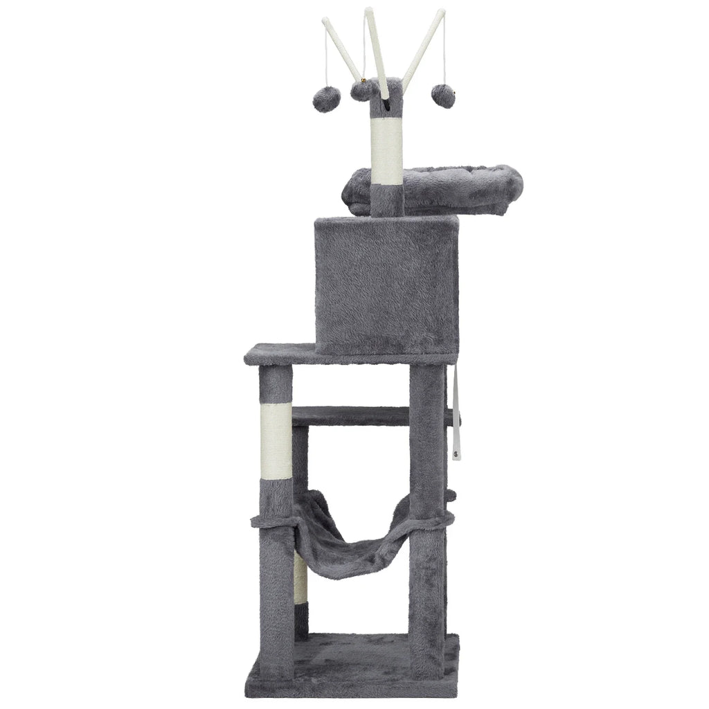 57" Cat Tree Tower for Indoors, Cat House with Padded Bed, Toy Balls, Cozy Condo, Sisal Scratching Posts, Dark Grey.